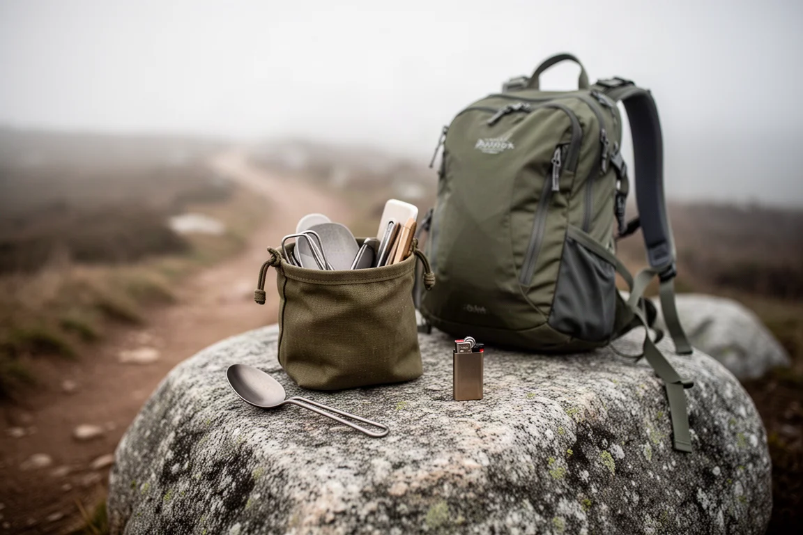 Kit de cuisson rangé dans son sac sur un rocher à côté d'un sac à dos de randonnée