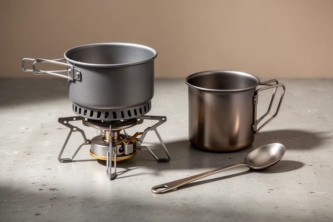 Ultralight camping cook kit with pot, canister stove, titanium cup, and spoon on concrete