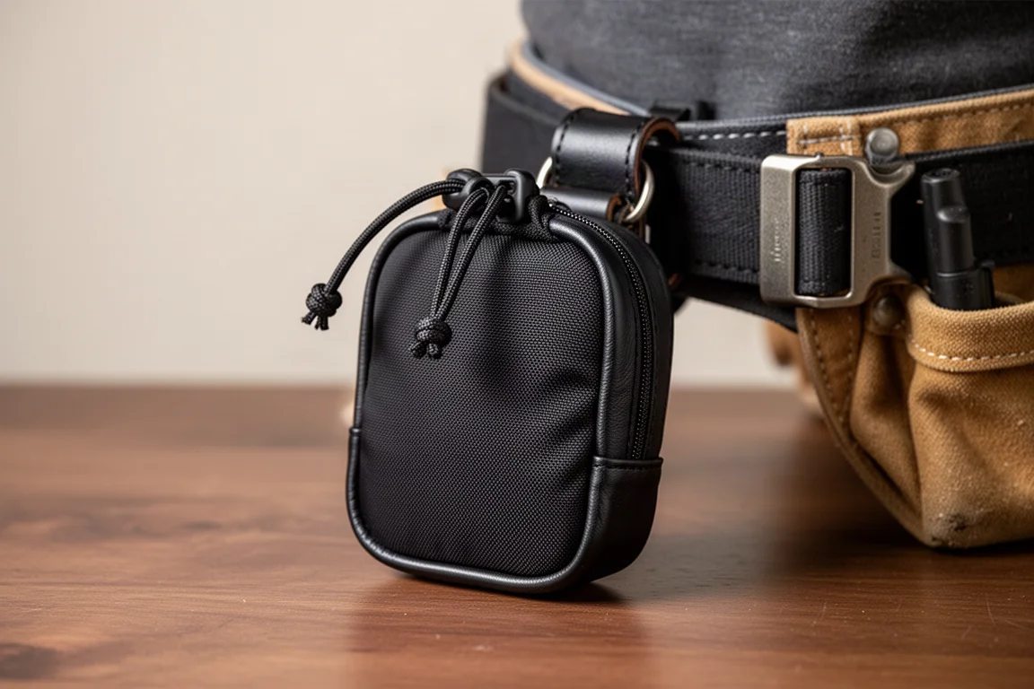 Pequeña bolsa de sujeciones con clip y cordón en un cinturón