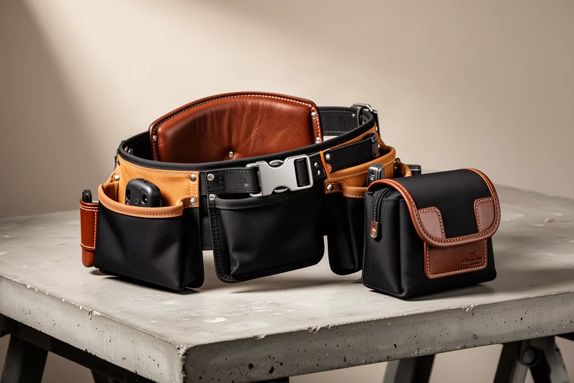Heavy-duty nylon tool belt with padded leather back panel and aluminum buckle on a concrete surface