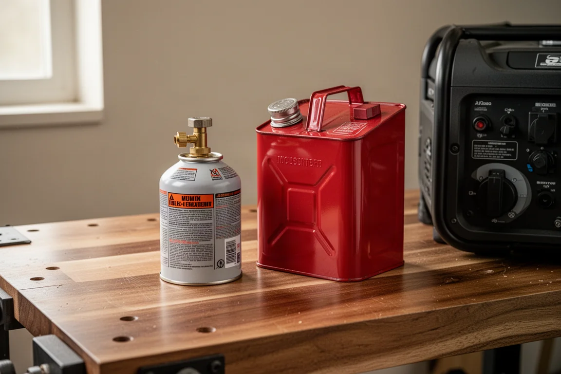 Propanflasche und Kraftstoffkanister neben einem Generator in einer Werkstatt