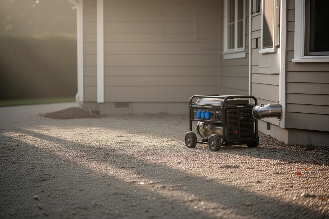Generator läuft im Freien mit Abgas, das vom Haus wegströmt