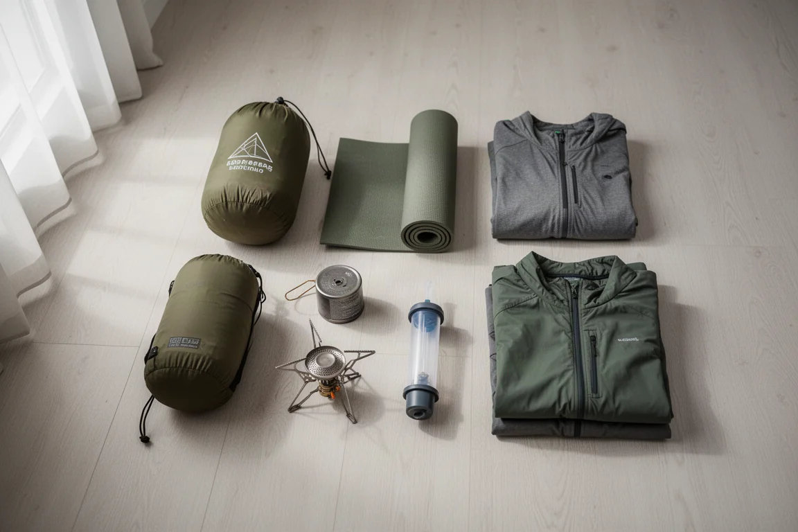 Attrezzatura da backpacking per principianti divisa in gruppi su un pavimento di legno chiaro
