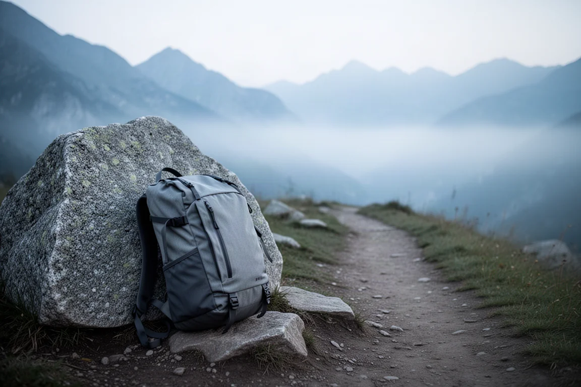 Zaino minimalista appoggiato a un masso di granito all'inizio di un sentiero di montagna