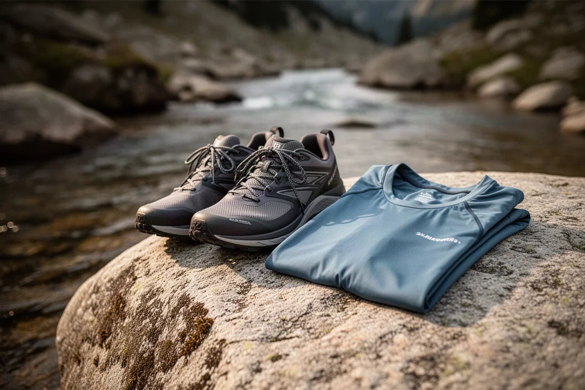 Scarpe da trail running e una maglia sintetica ad asciugare sul granito accanto a un ruscello