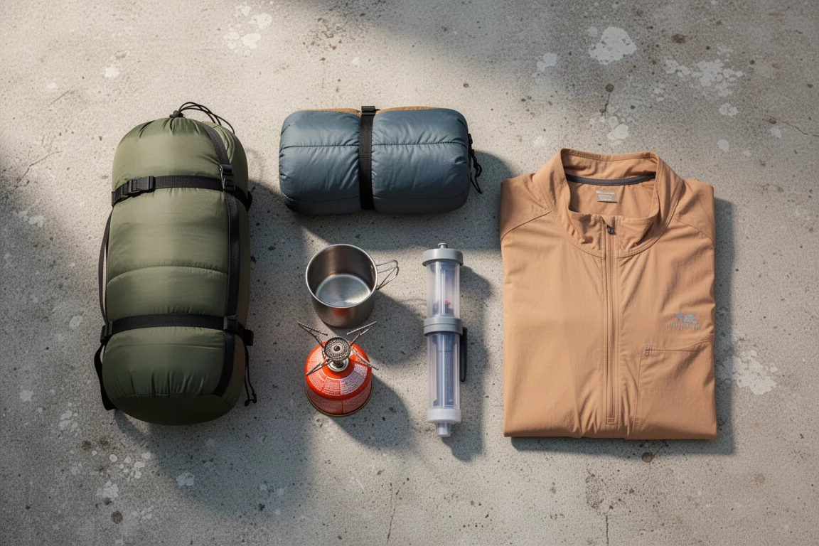 Flat-lay of beginner backpacking gear on concrete including tent, quilt, stove and water filter