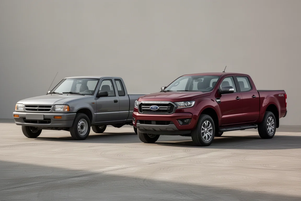First generation and third generation Toyota Tacoma trucks parked side by side on concrete