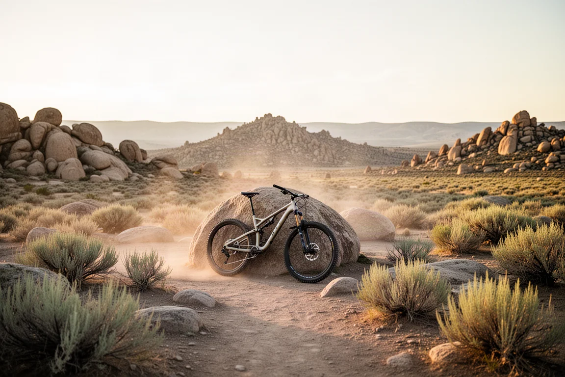 Rocky high desert trailhead at golden hour with a mountain bike near a boulder