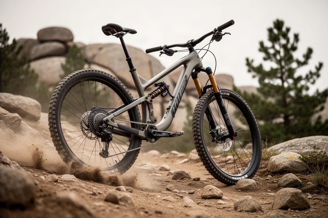 Full suspension mountain bike descending a loose rocky trail with dust behind the rear wheel