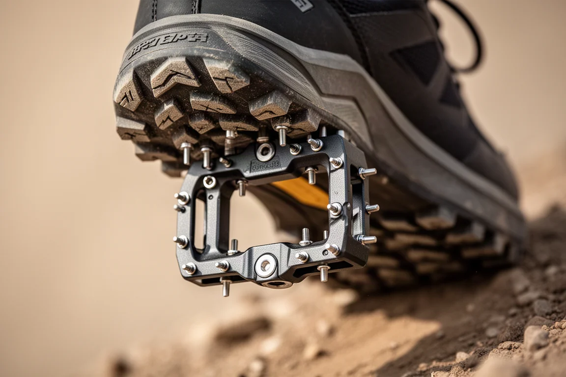 Flat mountain bike pedal with metal pins gripping the sole of a riding shoe