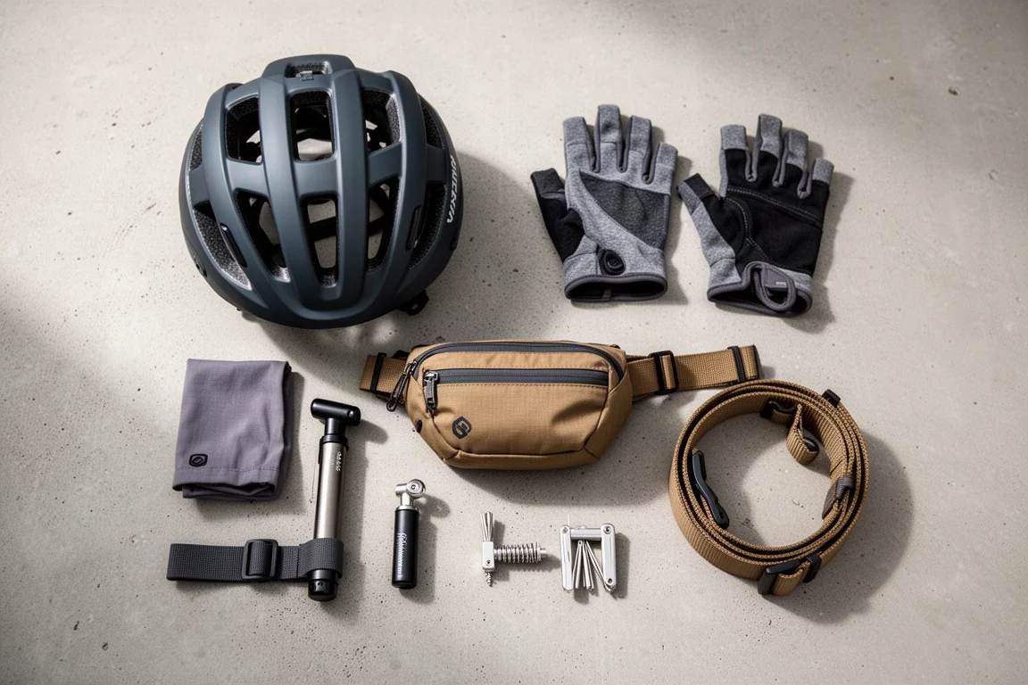 Overhead flat-lay of mountain biking gear including helmet, gloves, hip pack and tools