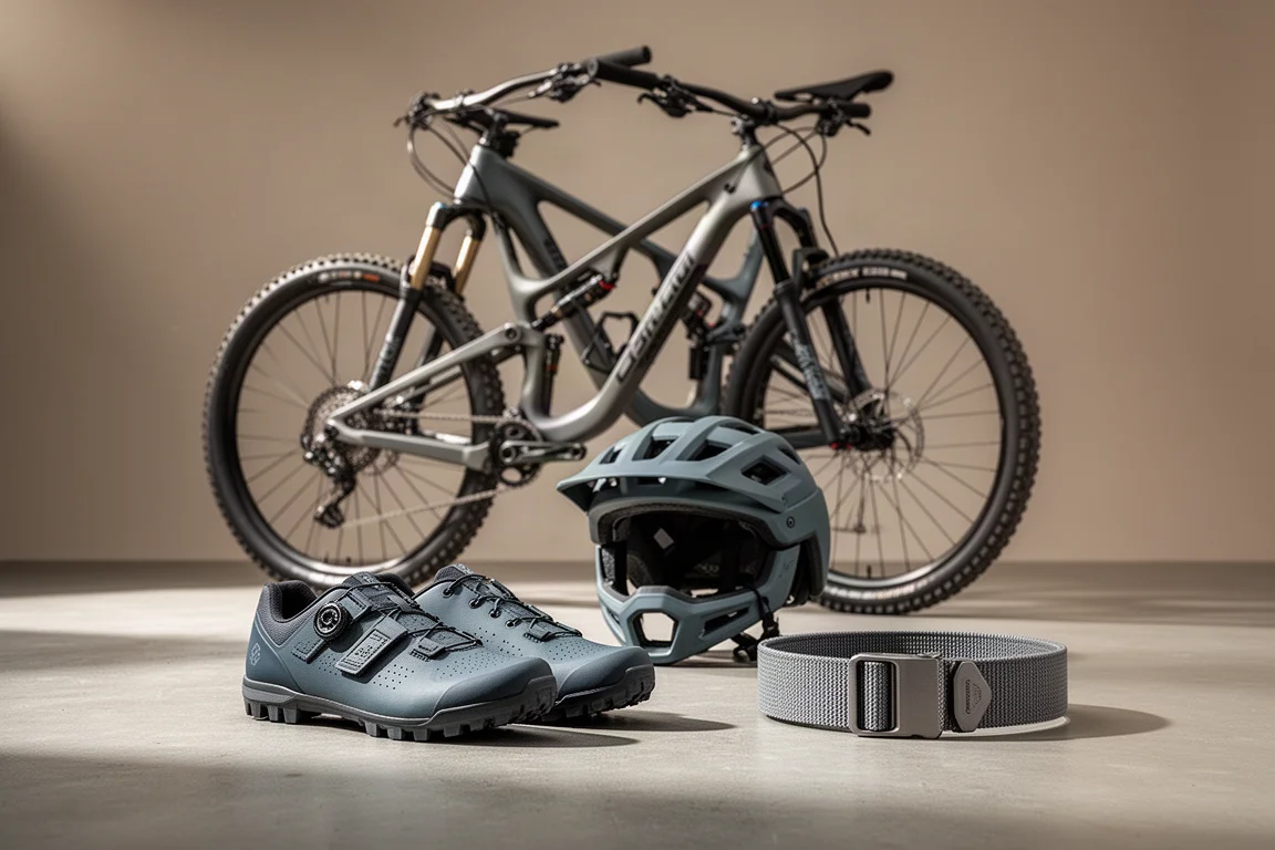 Mountain bike, convertible helmet, riding shoes and stretch belt arranged on concrete