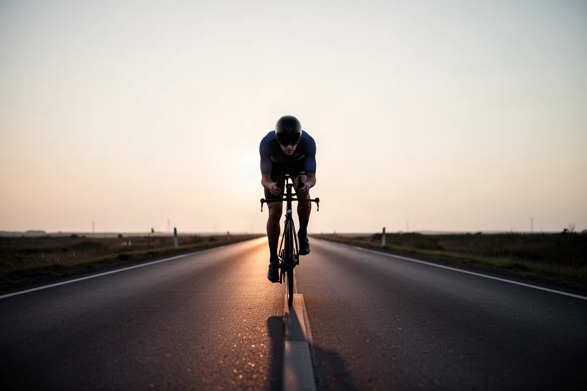Overzichtsfoto van bovenaf van aerobars, bidon, bovenbuisbox en zadel op beton
