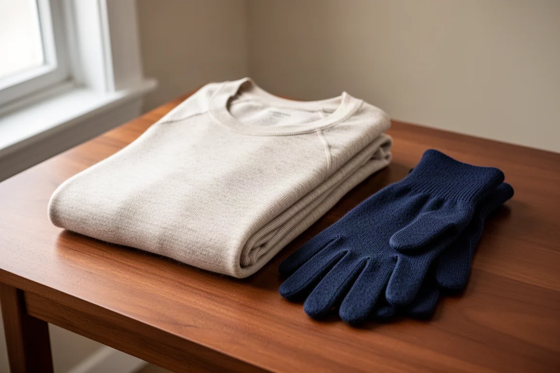 Merino-Basisschicht und leichte Handschuhe auf einer Holzoberfläche ausgelegt
