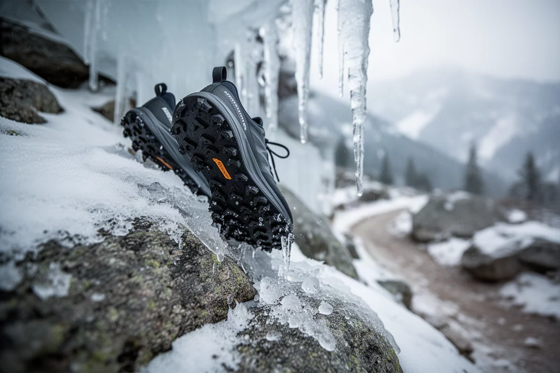Trailrunning-Schuhe auf vereisten, schneebedeckten Felsen neben einem Bergpfad