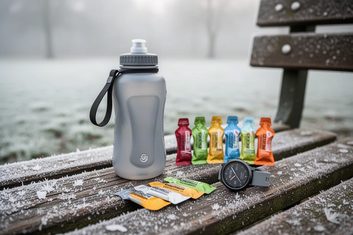 Trinkflasche fürs Handgelenk, Energie-Gels und Sportuhr vor einem Lauf arrangiert