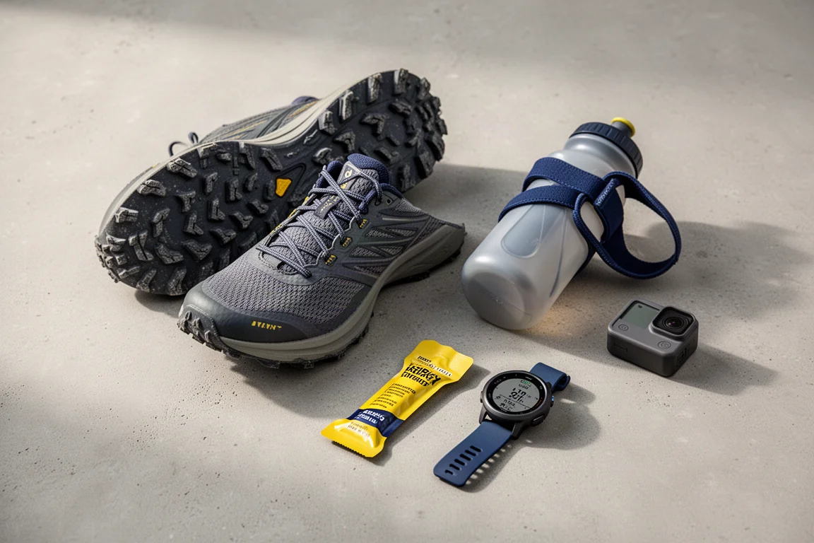 Trail shoes, handheld bottle, gel packet, watch, and action camera arranged on concrete