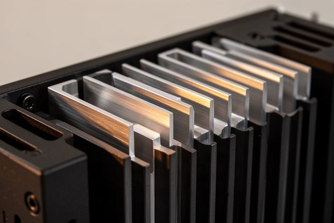 Närbild på frästa aluminiumkylflänsar på en förstärkare med varmt sidoljus