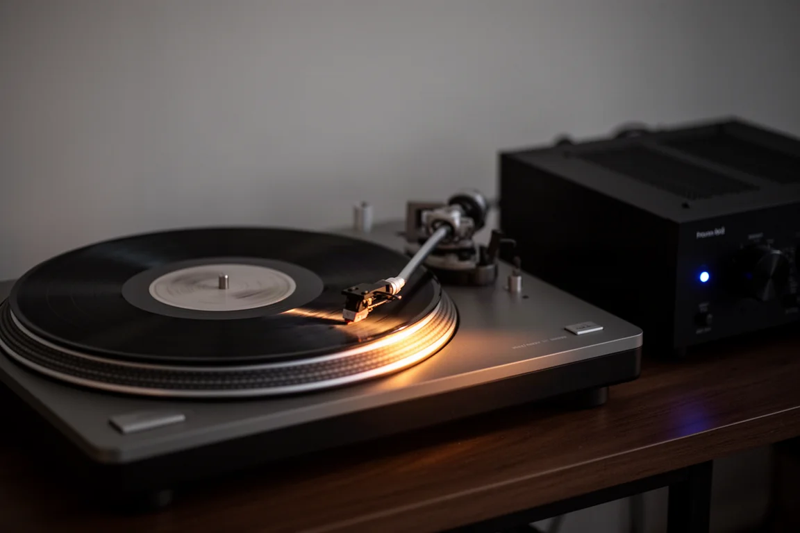 Skivspelare med vinylskiva som snurrar bredvid en glödande förstärkare i skymningen