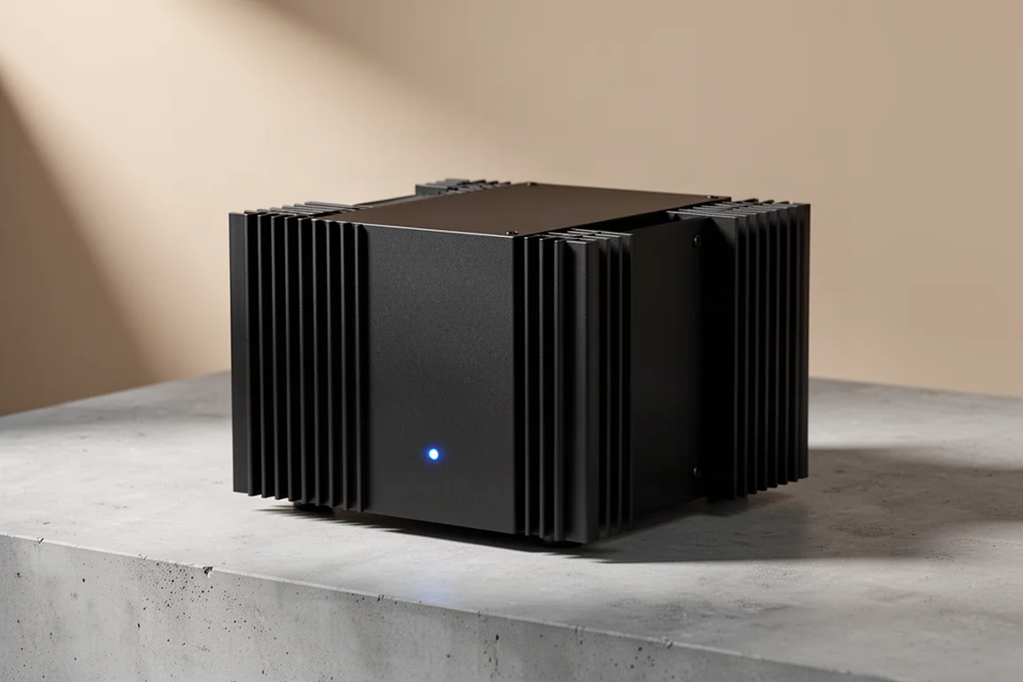 Black Class A power amplifier with side heat sink fins and a single blue indicator light