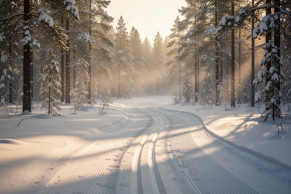 Groomed cross-country ski tracks running through a snow-covered forest at sunrise