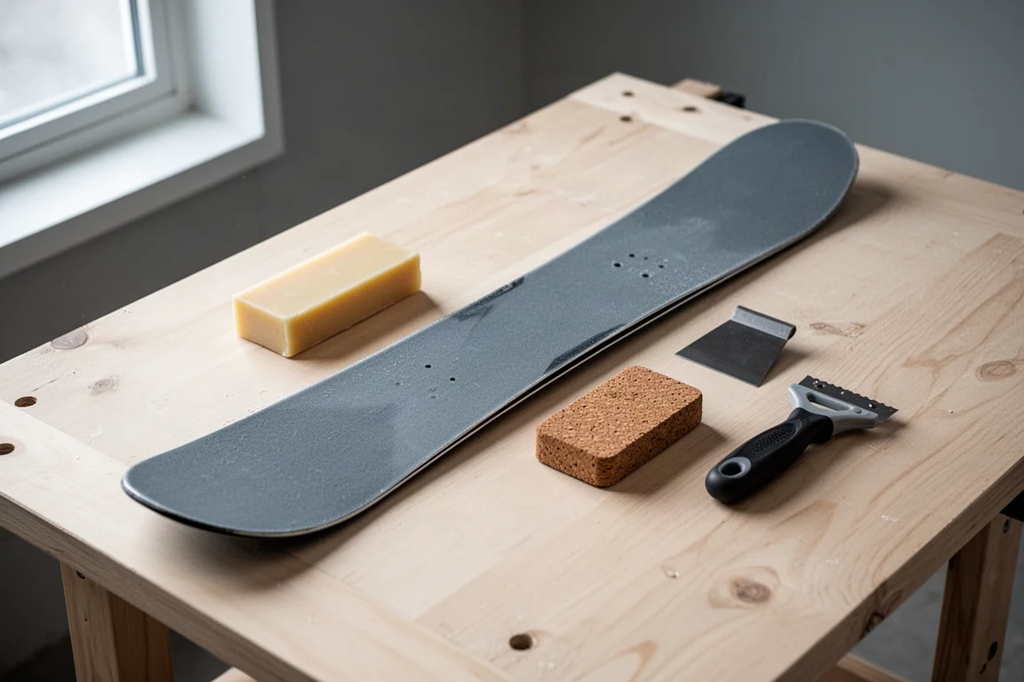 Overhead view of a flat ski base with waxing tools on a wooden workbench