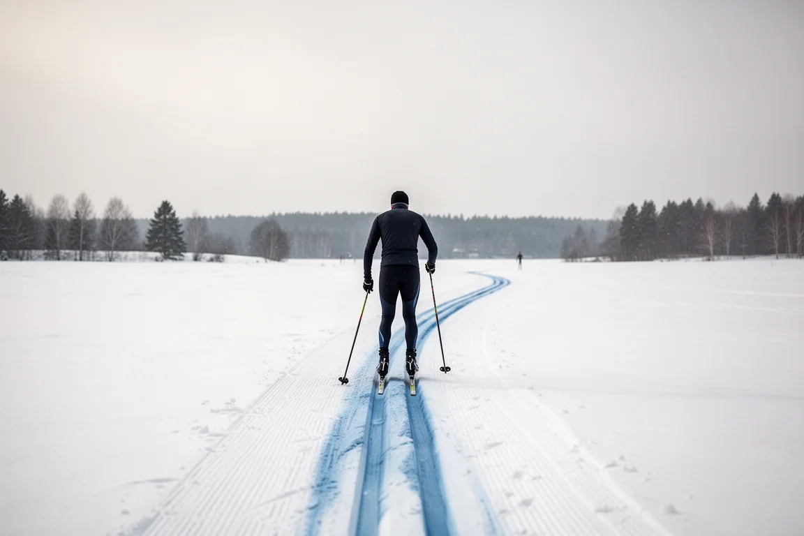 Skier gliding along a groomed classic track across an open snowy field