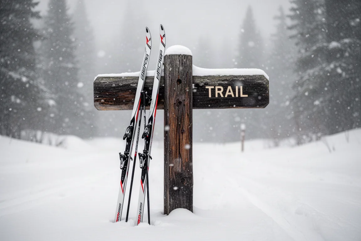 Pair of classic skis leaning against a wooden trail signpost in falling snow