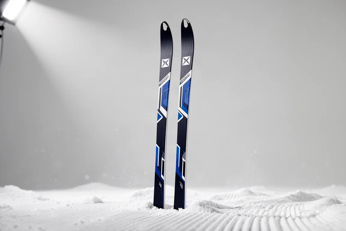 Pair of slim classic cross-country skis standing upright against a light grey studio backdrop