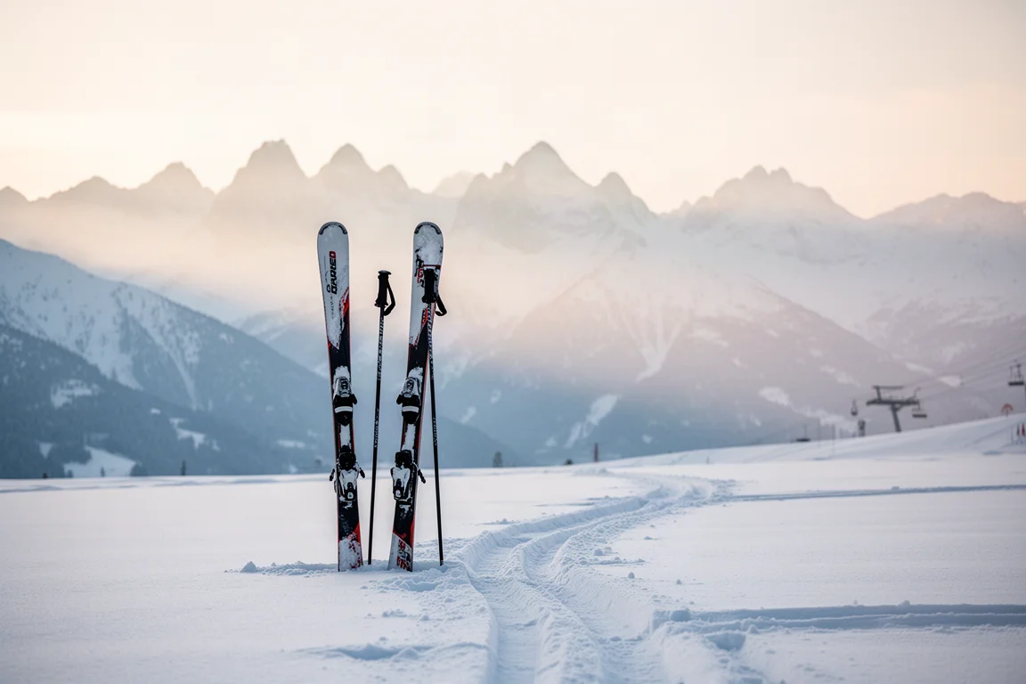 Coppia di scì alpini piantati in piedi nella neve alla base di una stazione sciistica all'alba
