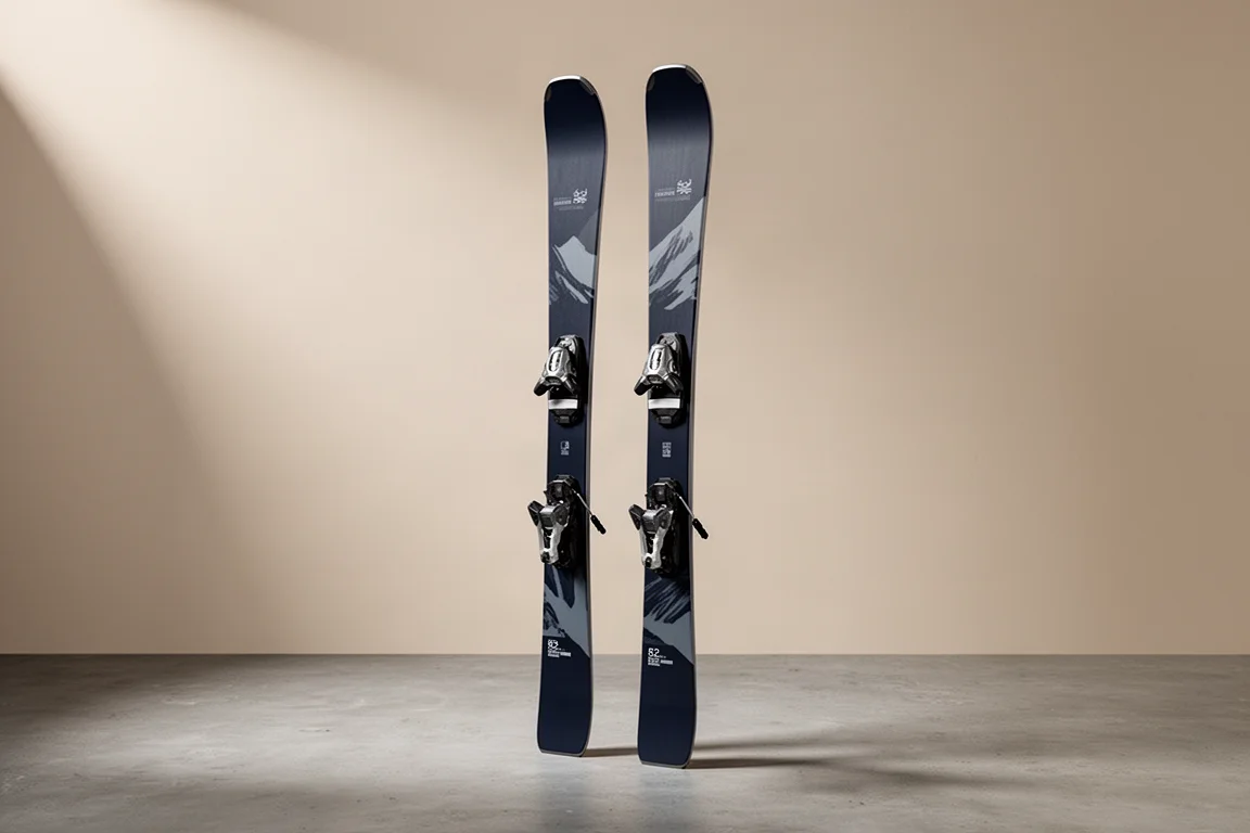 Pair of alpine frontside skis with bindings standing upright on a concrete surface