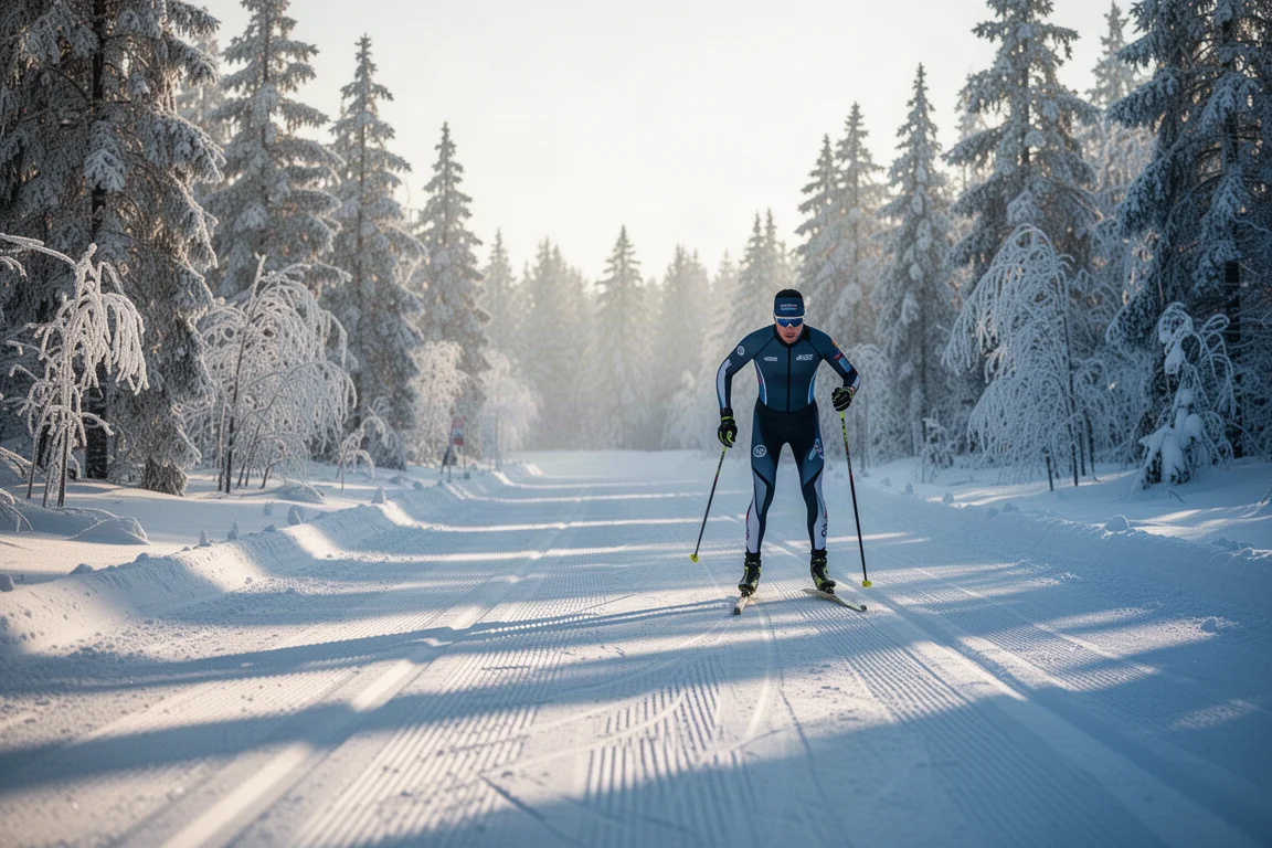 Esquiador de patinaje deslizándose por una pista de nieve recién preparada con luz suave de la mañana