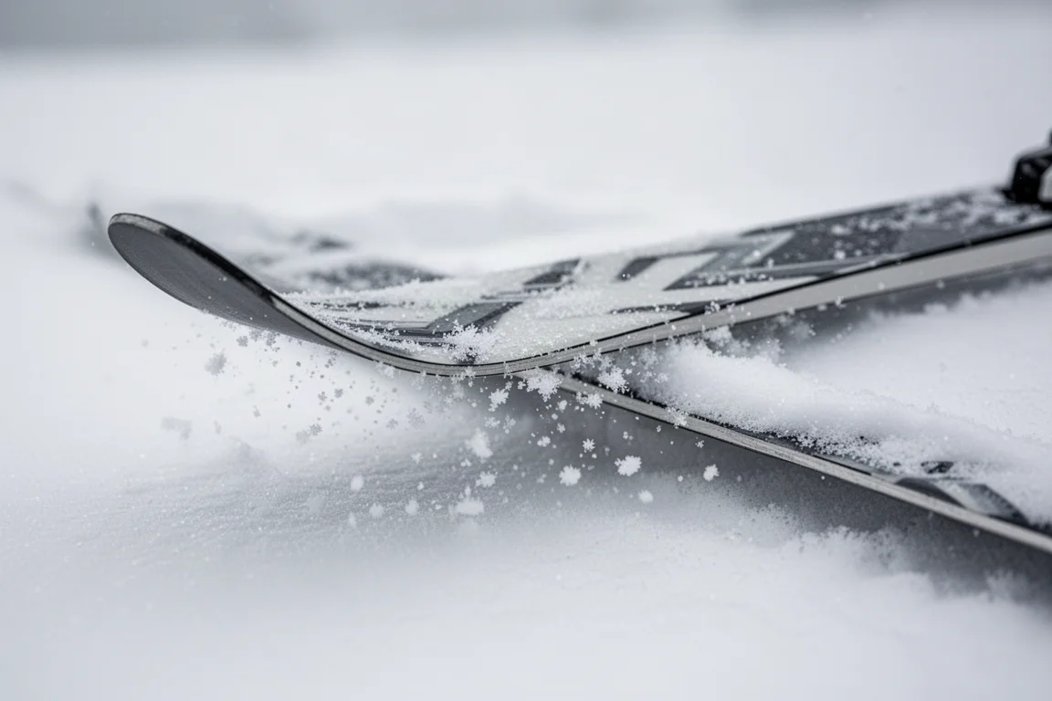 Primer plano de un esquí ligero flexionándose bajo presión sobre nieve compactada