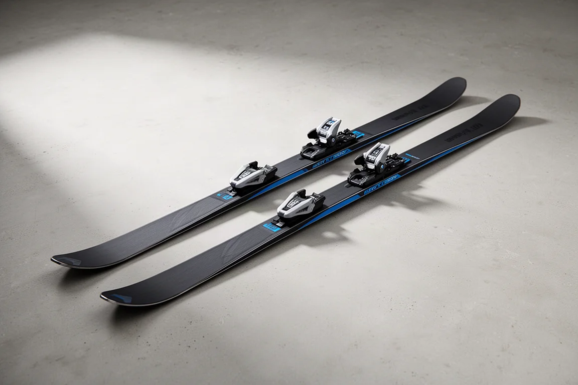 Pair of narrow skate skis with dark top sheets on a pale concrete surface