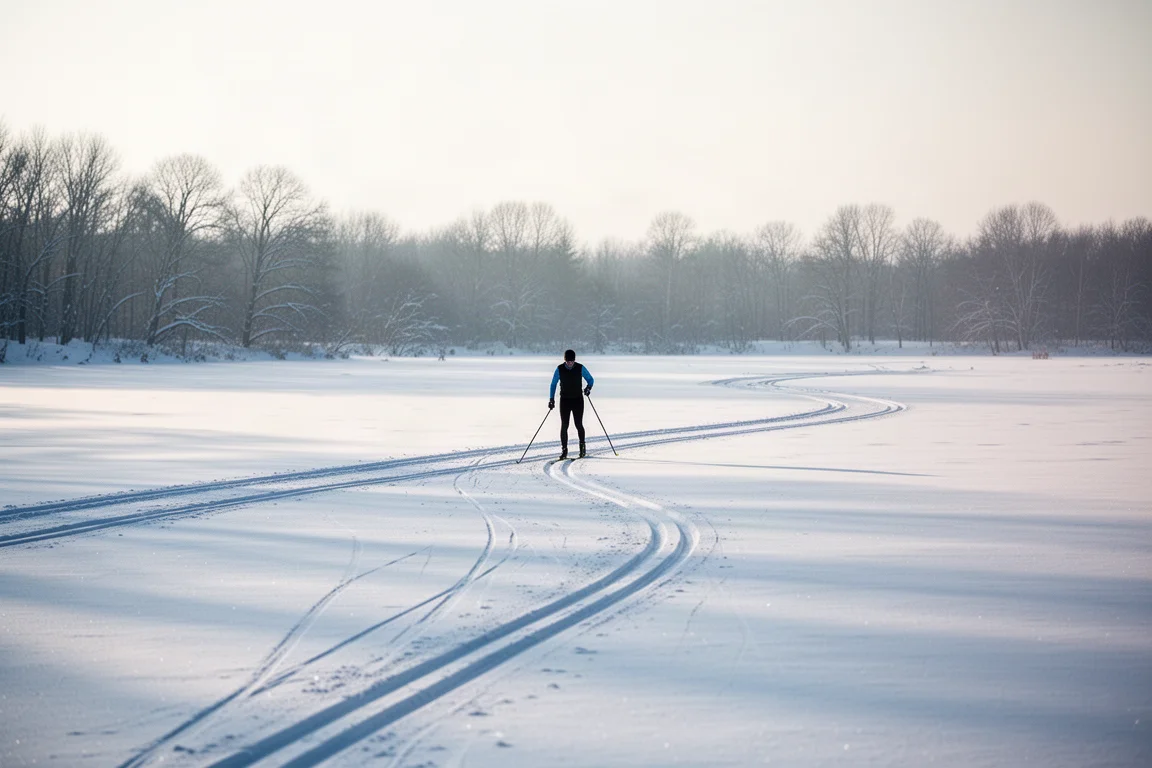 Langlaufer die over een besneeuwd open veld trekt in zacht ochtendlicht