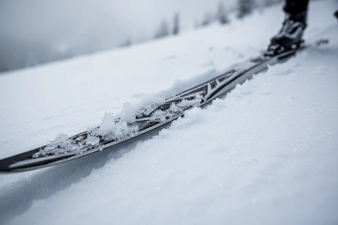 Close-up van een smalle stalen ski-rand die zich in ijzige korst op een helling bijt