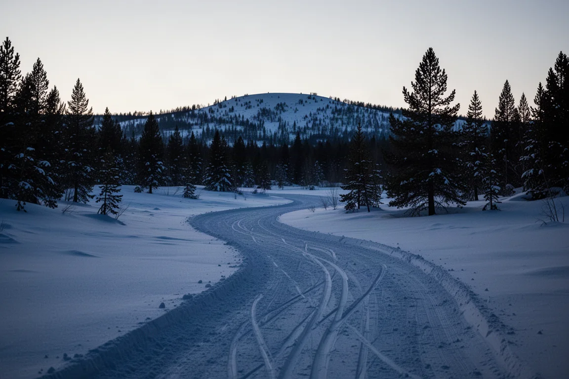 Besneeuwd pad dat zich slingert door een rustig winterlandschap in de schemering