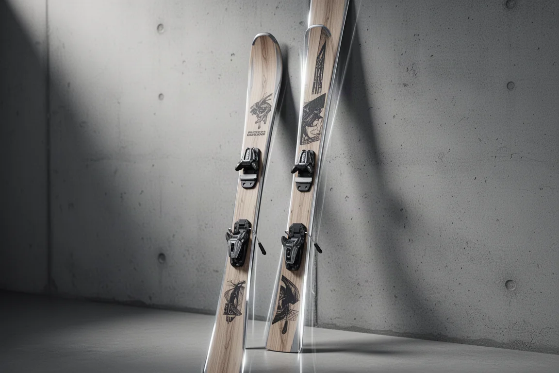 Pair of narrow cross-country skis with full metal edges standing against a concrete wall