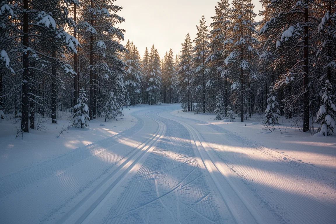 Pistas clássicas de cross country preparadas em curvas por uma floresta de pinheiros coberta de neve ao amanhecer