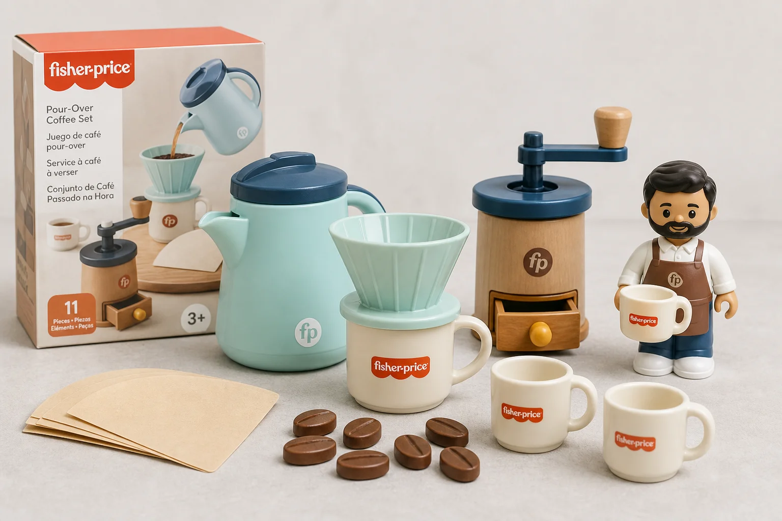 Six coffee toy sets arranged on concrete surface showing espresso machines, pour-over set, and bakery pieces