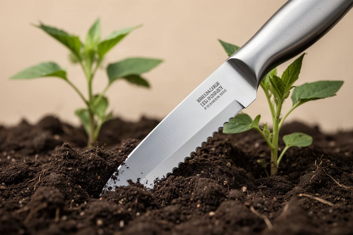 Hoja de cuchillo de jardín cortando tierra oscura en la base de una planta