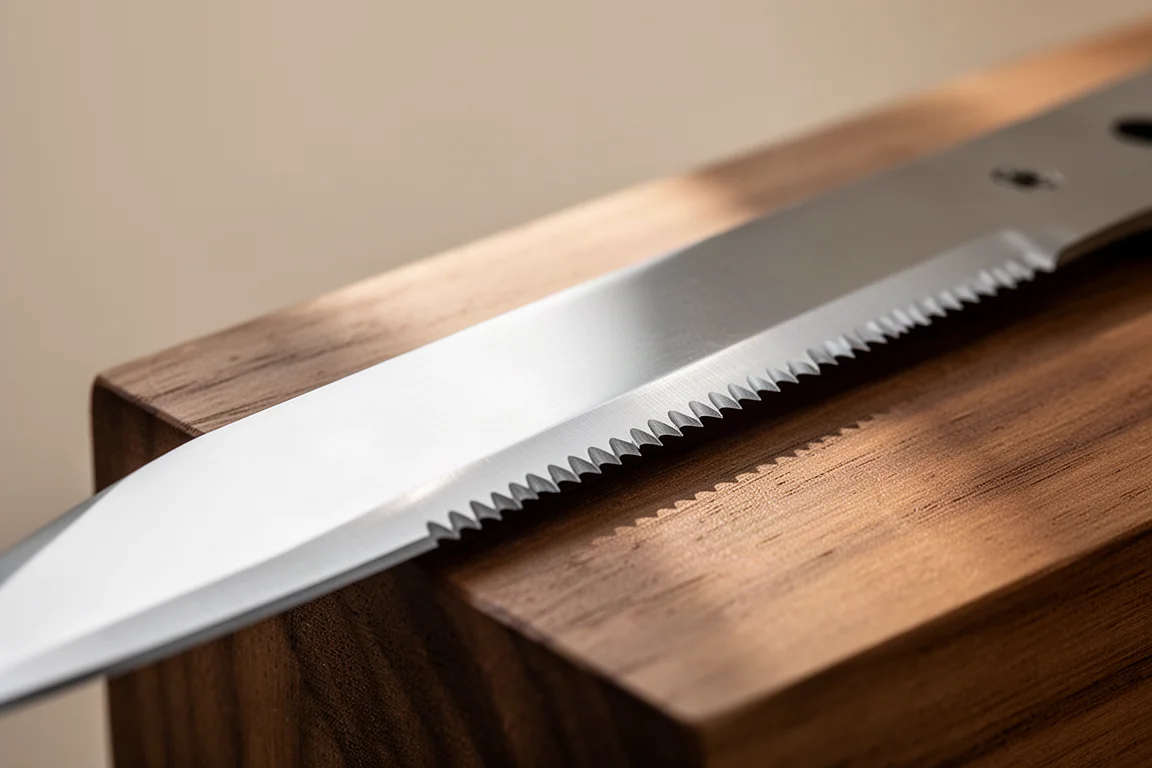 Primer plano de la sección aserrada en la hoja de un cuchillo de jardín