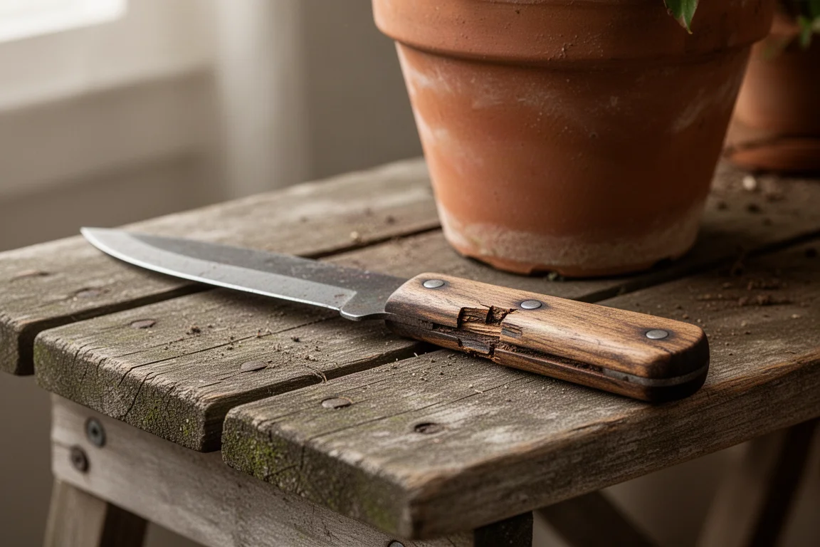 Cuchillo de jardín tradicional bien usado con mango de madera sobre un banco de trasplante