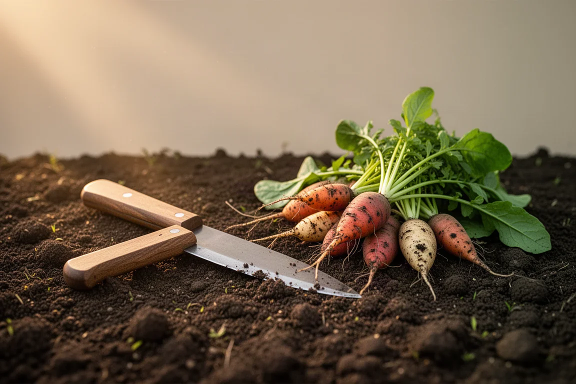 Cuchillo de jardín y verduras recién cosechadas sobre la tierra al atardecer