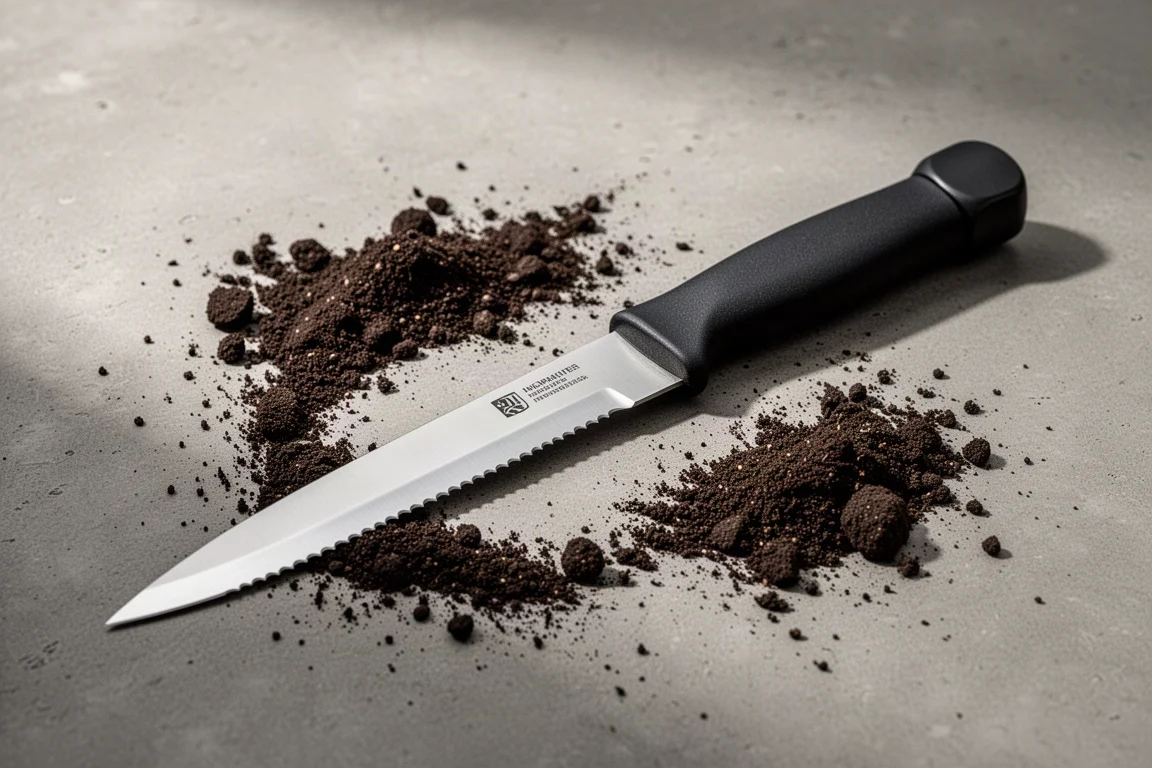 Fiskars Harvest Knife with half-serrated stainless blade on concrete with garden soil