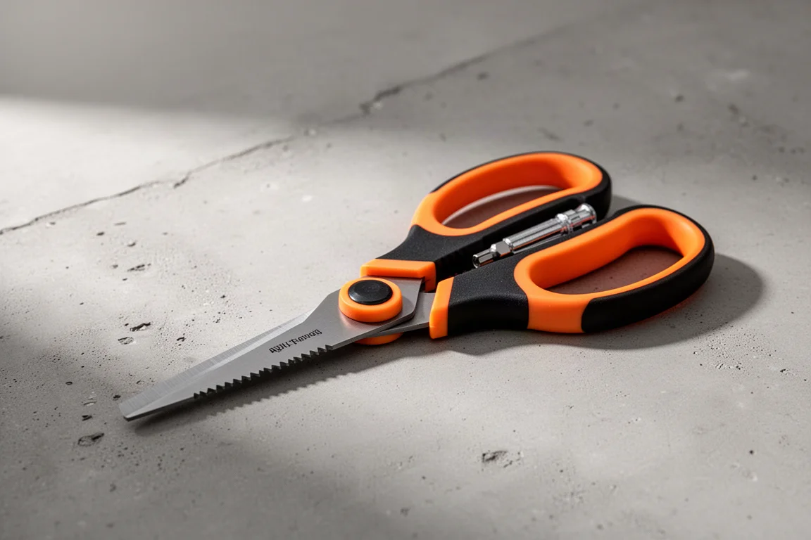 Fiskars package opener scissors with grippy handles on a concrete surface