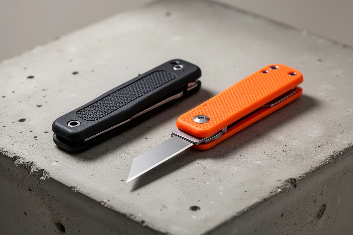 Two folding utility knives side by side on a concrete work surface
