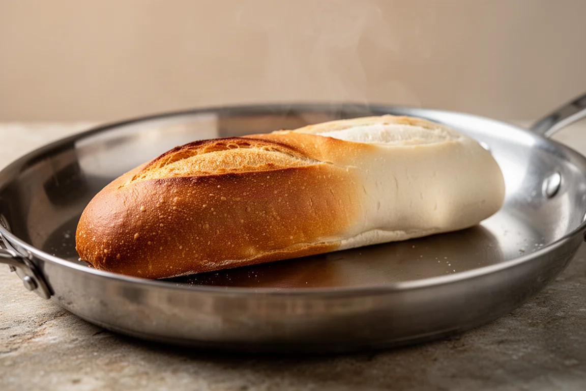 Hotdog-Brötchen bräunt auf einer heißen Pfannenoberfläche ungleichmäßig nach