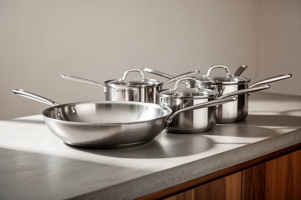 Row of premium stainless steel pans on a concrete kitchen counter