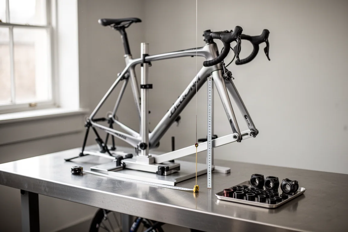 Cykelpassningsbänk med en landsvägsram på ett stativ, måttband och styrstamsspacers